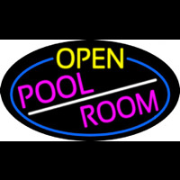Open Pool Room Oval With Blue Border Neon Sign