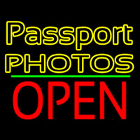 Passport Photos Block With Open 1 Neon Sign