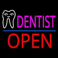 Pink Dentist White Tooth Blue Line Open Neon Sign