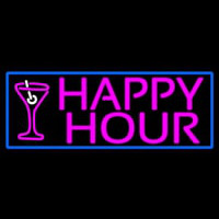 Pink Happy Hour And Wine Glass With Blue Border Neon Sign