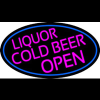Pink Liquors Cold Beer Open Oval With Blue Border Neon Sign