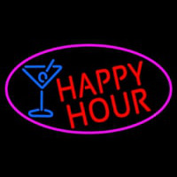 Red Happy Hour And Wine Glass Oval With Pink Border Neon Sign