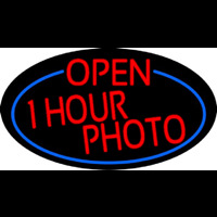 Red Open One Hour Photo Oval With Blue Border Neon Sign