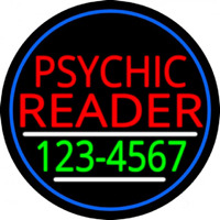 Red Psychic Reader With Green Phone Number And Blue Border Neon Sign