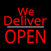 Red We Deliver Open White Line Neon Sign