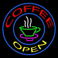Round Red Coffee Open Yellow Neon Sign