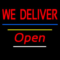 We Deliver Open Blue And Yellow Line Neon Sign