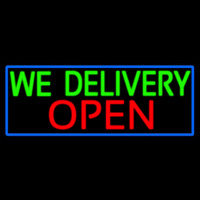 We Deliver Open With Blue Border Neon Sign