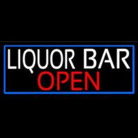 White Liquor Bar Open With Blue Border Neon Sign