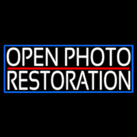 White Open Photo Restoration With Blue Border Neon Sign