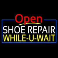 White Shoe Repair Yellow While You Wait Open Neon Sign