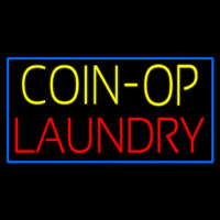 Yellow Coin Op Laundry Blue Border Neon Sign